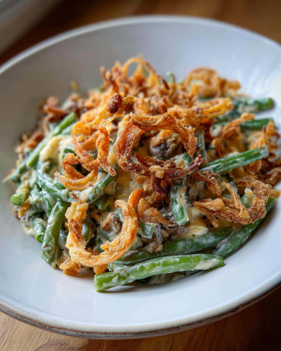 A close-up of a creamy green bean casserole topped with crispy fried onions.
