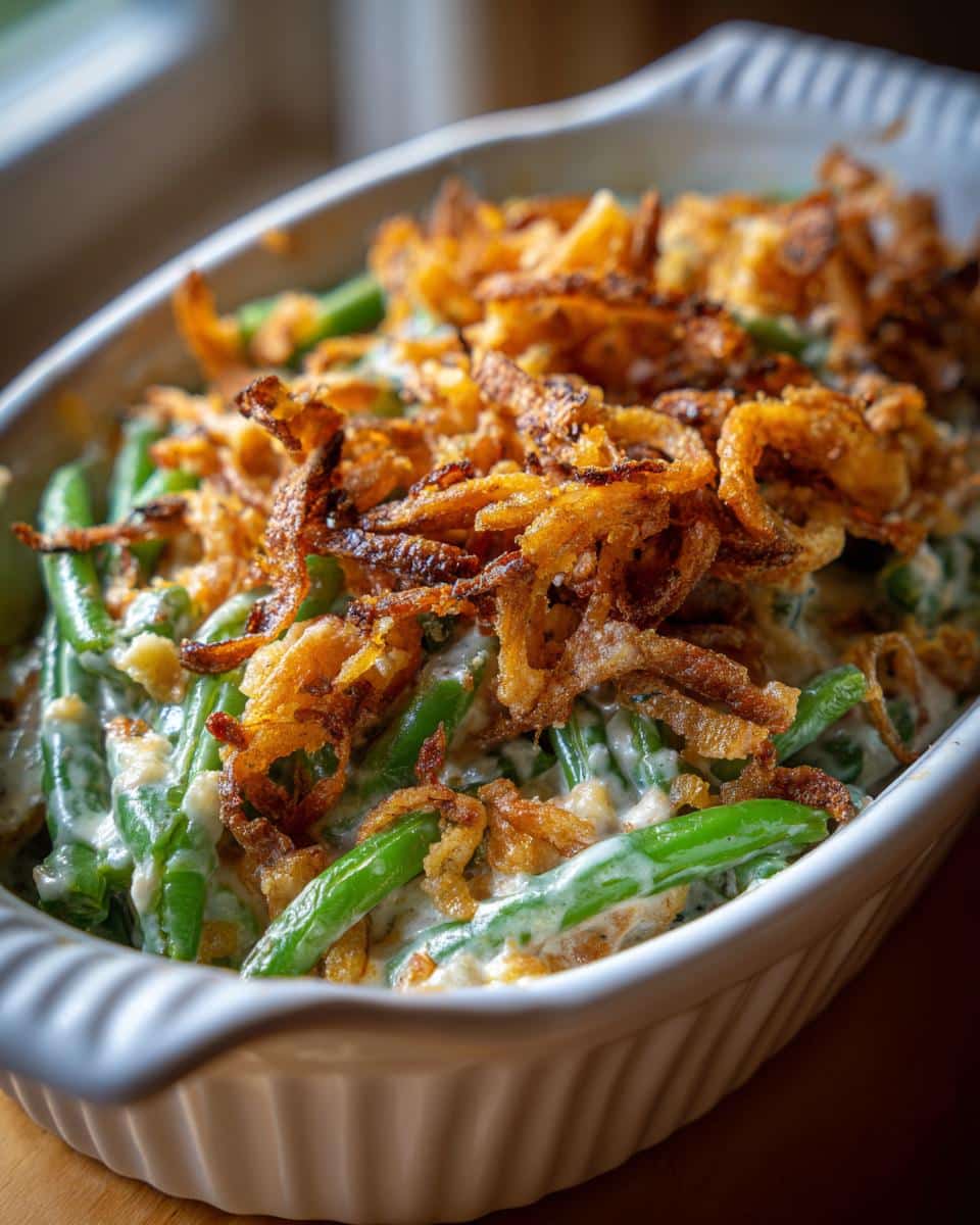 Close-up of a creamy green bean casserole topped with golden crispy fried onions.