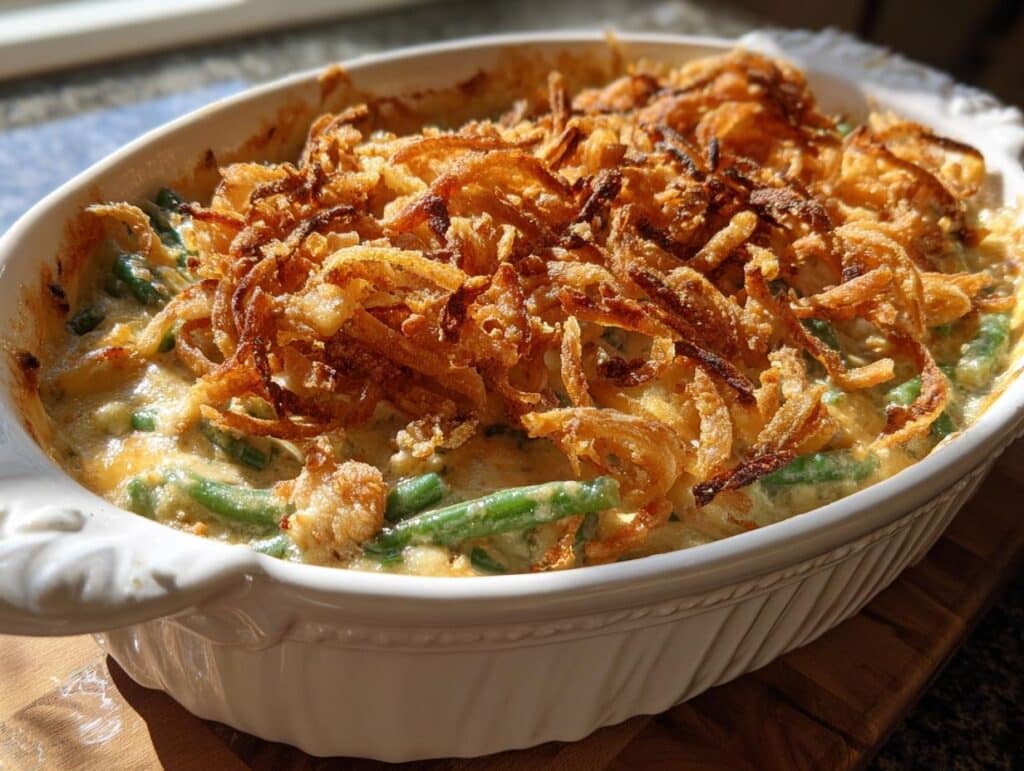 A close-up of a freshly baked green bean casserole in a white oval dish, topped with golden fried onions.