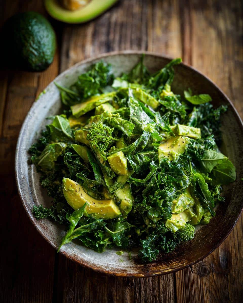 A vibrant Green goddess salad featuring kale, spinach, avocado, and a creamy green dressing.