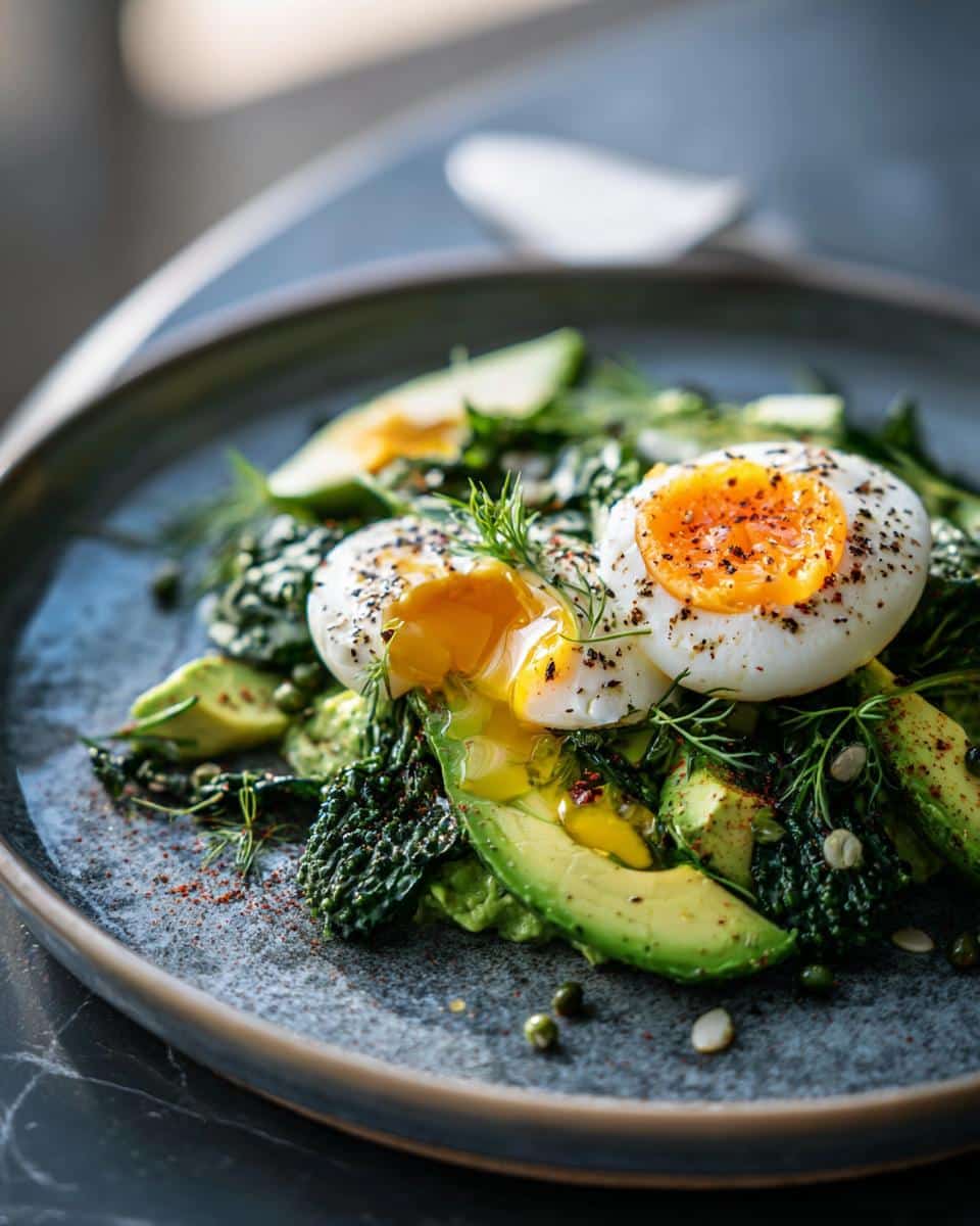 A vibrant Green goddess salad featuring avocado, kale, herbs, and perfectly poached eggs with runny yolks.