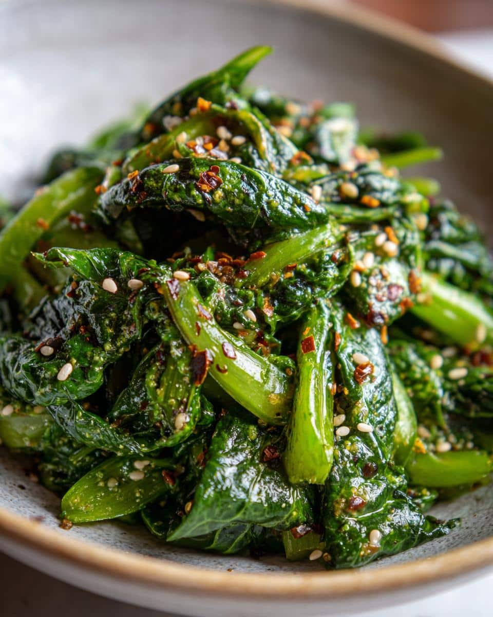 Close-up of a vibrant Green goddess salad with fresh greens, sesame seeds, and chili flakes.
