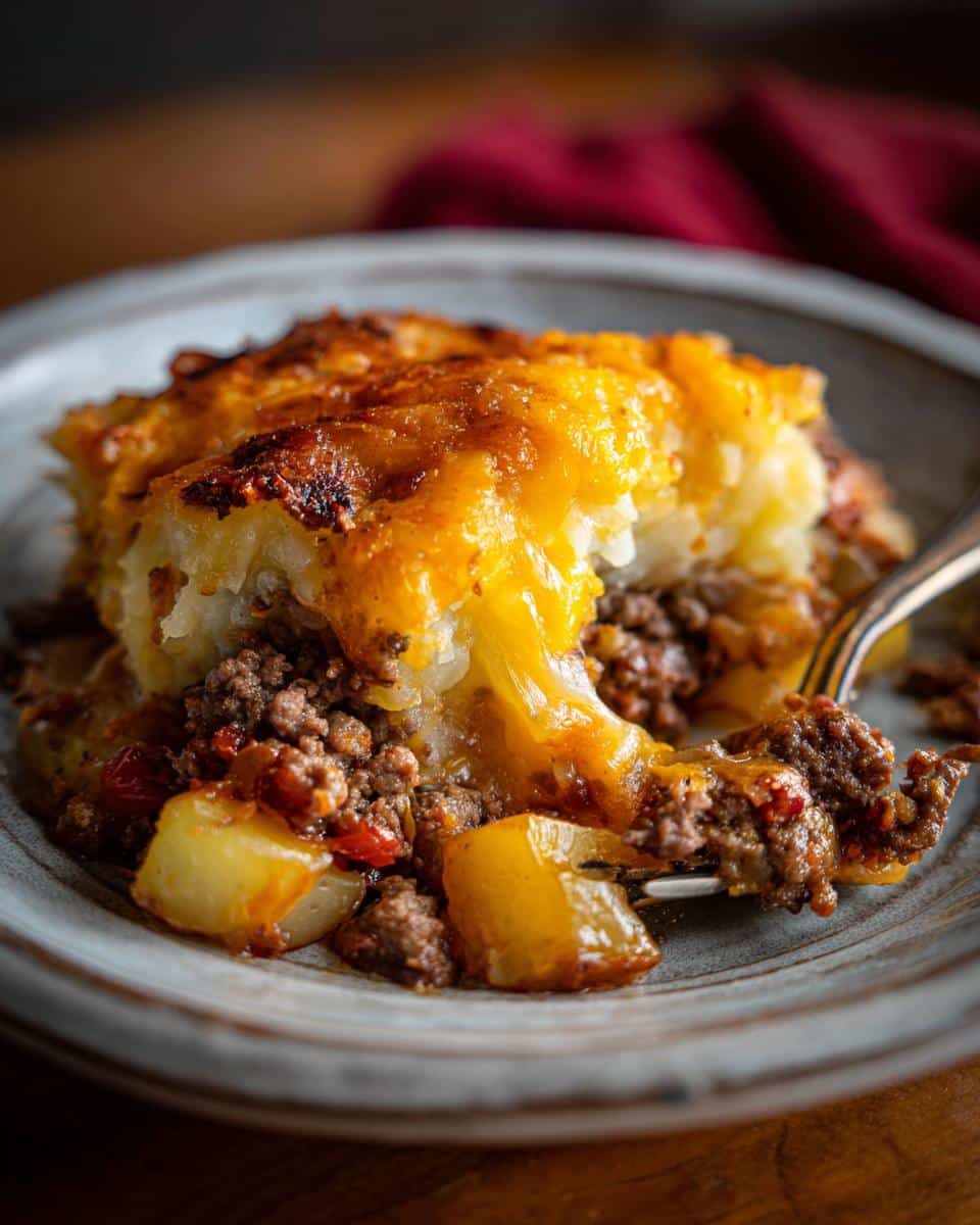 A close-up of a serving of hamburger potato casserole, showing layers of seasoned ground beef and potatoes topped with melted cheese.