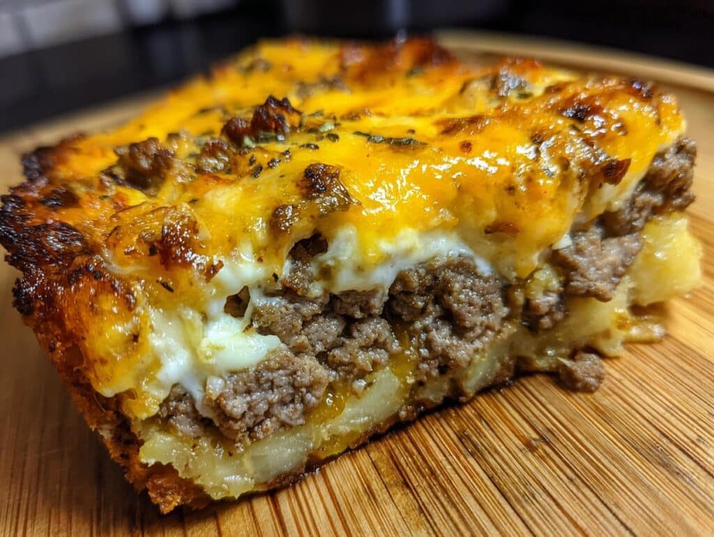 A close-up of a hearty slice of hamburger potato casserole, featuring layers of ground beef, potatoes, and melted cheese.