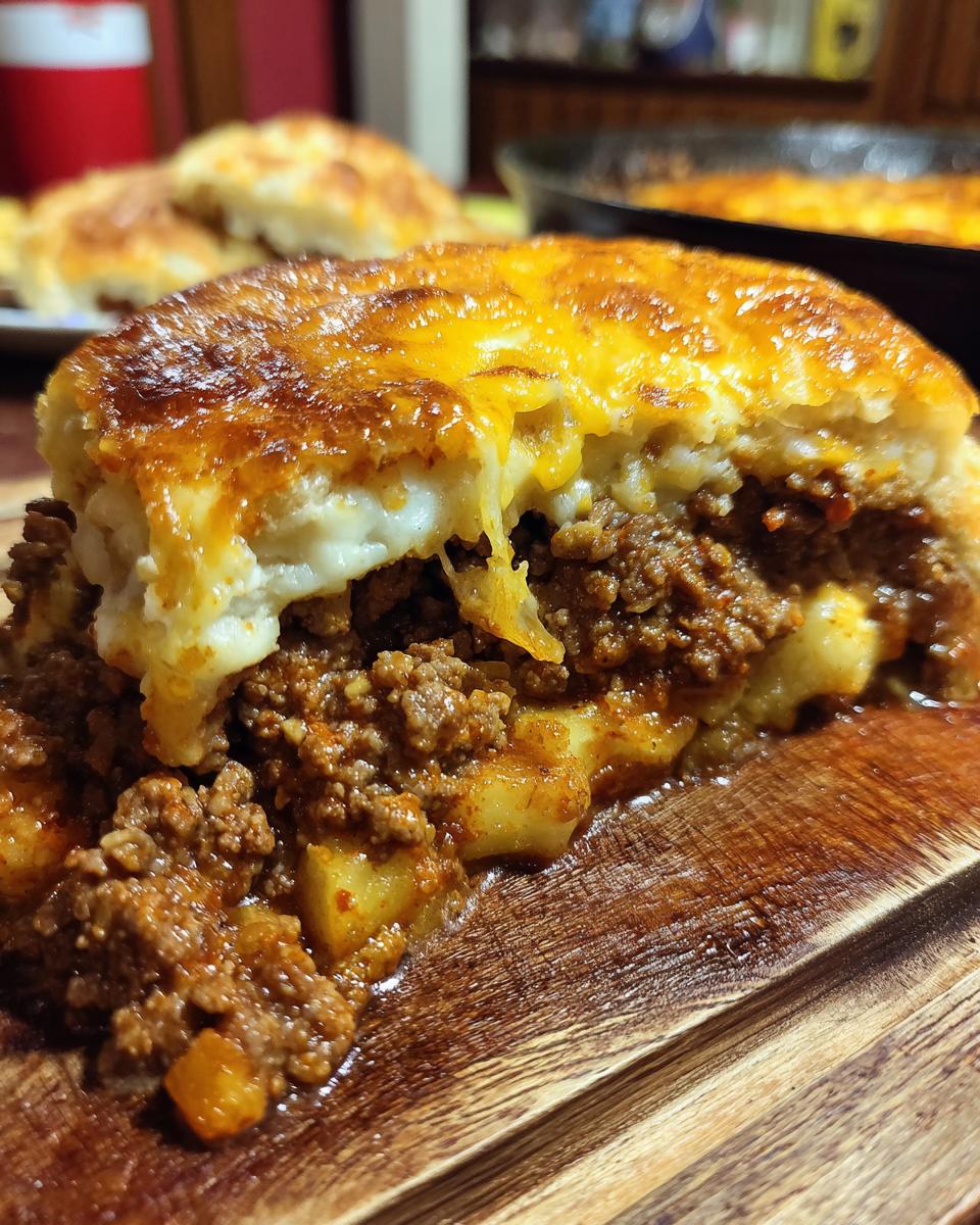 A close-up of a hearty slice of hamburger potato casserole, featuring layers of seasoned ground beef, potatoes, and melted cheese.