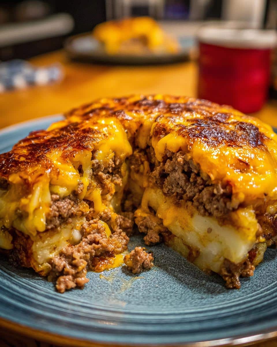 A slice of hamburger potato casserole with layers of seasoned ground beef and melted cheese on a blue plate.