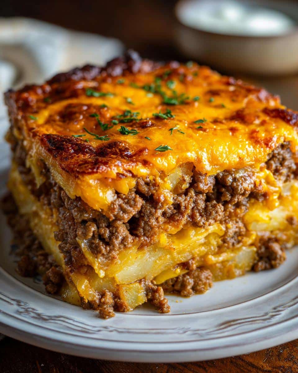A close-up of a hearty slice of hamburger potato casserole, layered with ground beef and potatoes, topped with melted cheese and parsley.