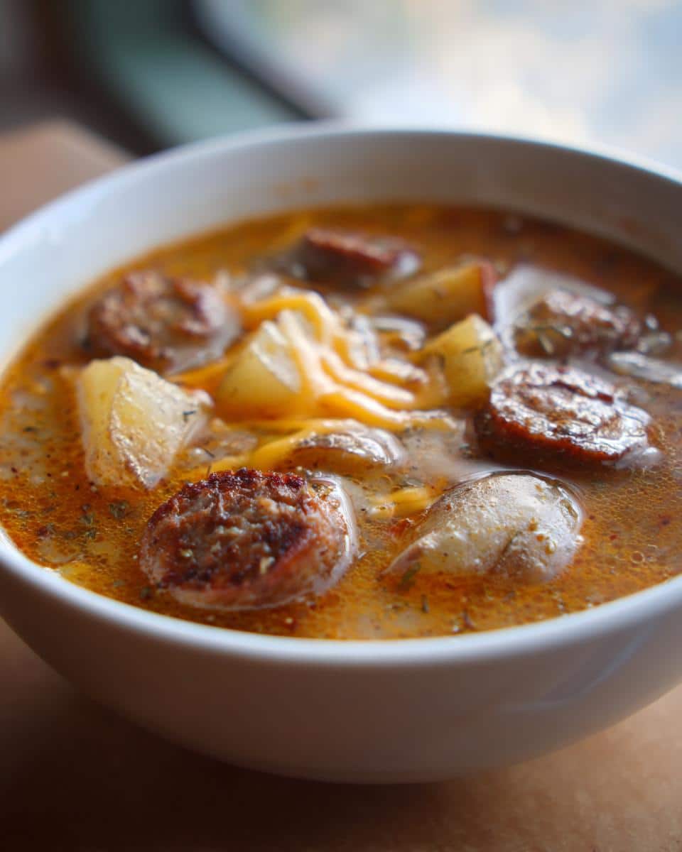 Close-up of a bowl of hearty sausage potato soup, with chunks of sausage, potatoes, and melted cheese.