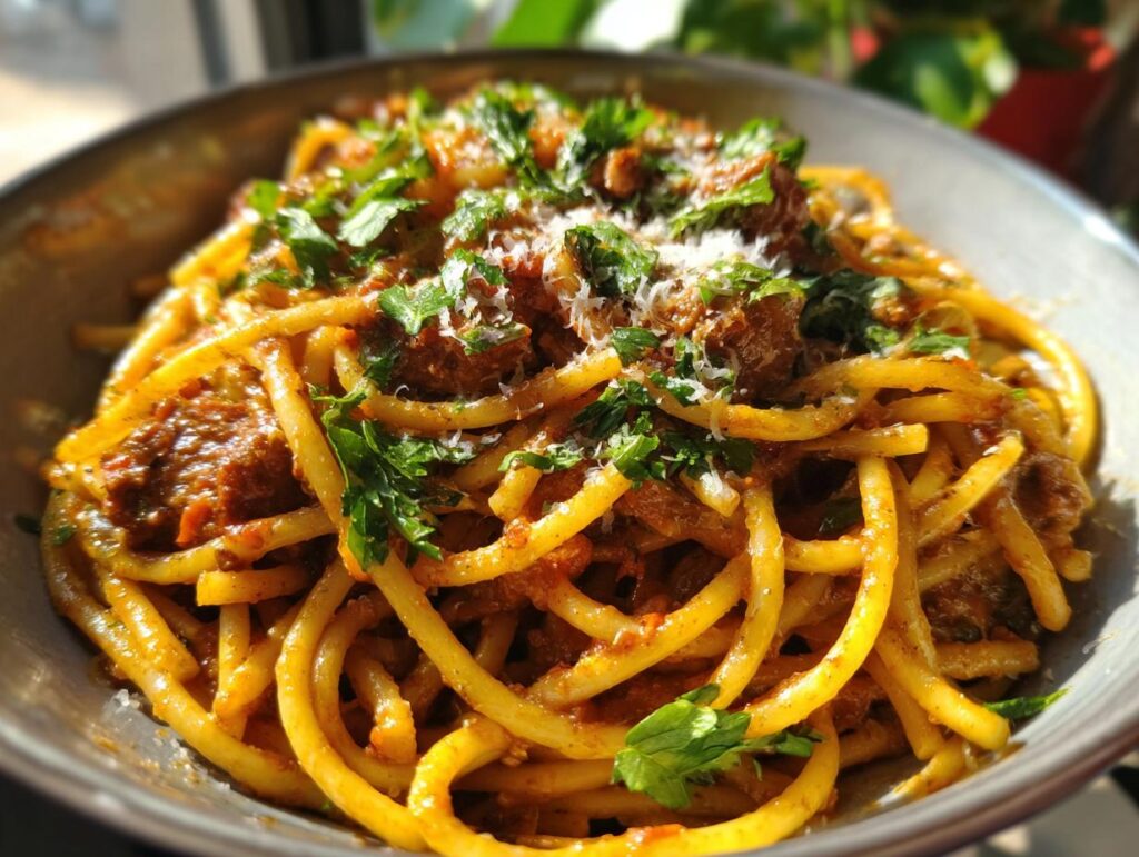 A close-up of a bowl filled with High Protein Creamy Beef Pasta, topped with fresh parsley and grated cheese.