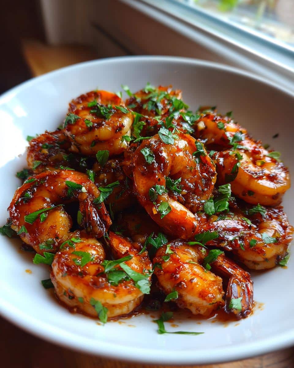 A bowl of delicious High-Protein Honey Garlic Shrimp, glistening with sauce and sprinkled with fresh parsley.