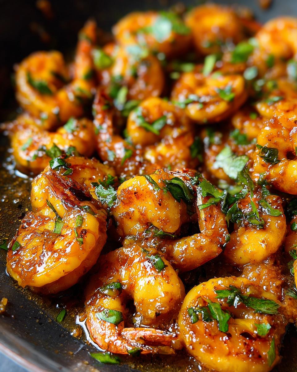 A close-up, mouthwatering shot of High-Protein Honey Garlic Shrimp coated in a glossy sauce and sprinkled with fresh parsley.