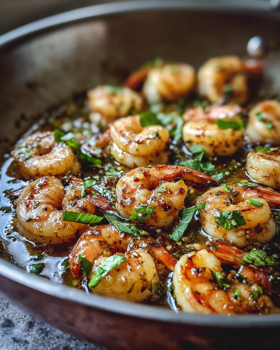 Close-up of juicy High-Protein Honey Garlic Shrimp cooked in a pan with a glistening sauce and fresh herbs.