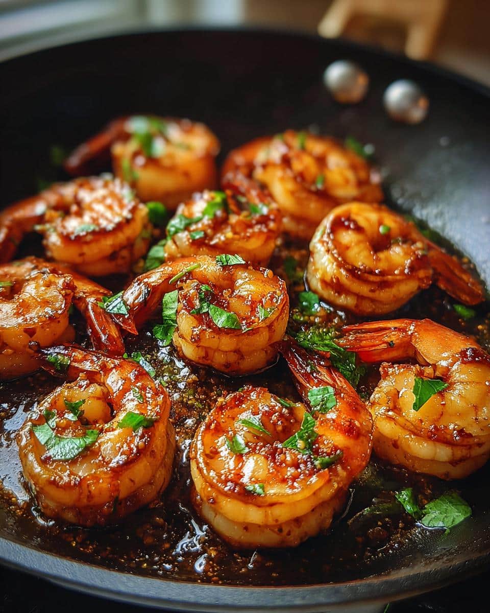 Close-up of succulent High-Protein Honey Garlic Shrimp glistening in a dark sauce, garnished with fresh parsley.