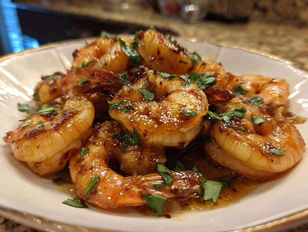 Close-up of glistening High-Protein Honey Garlic Shrimp, garnished with fresh parsley.