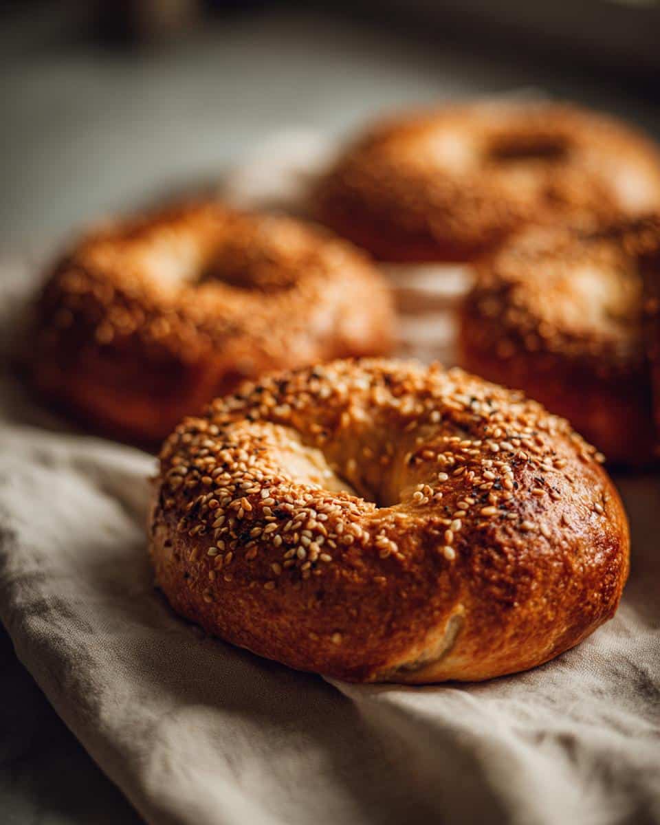 Close-up of a freshly baked homemade bagel recipe, generously topped with sesame seeds.