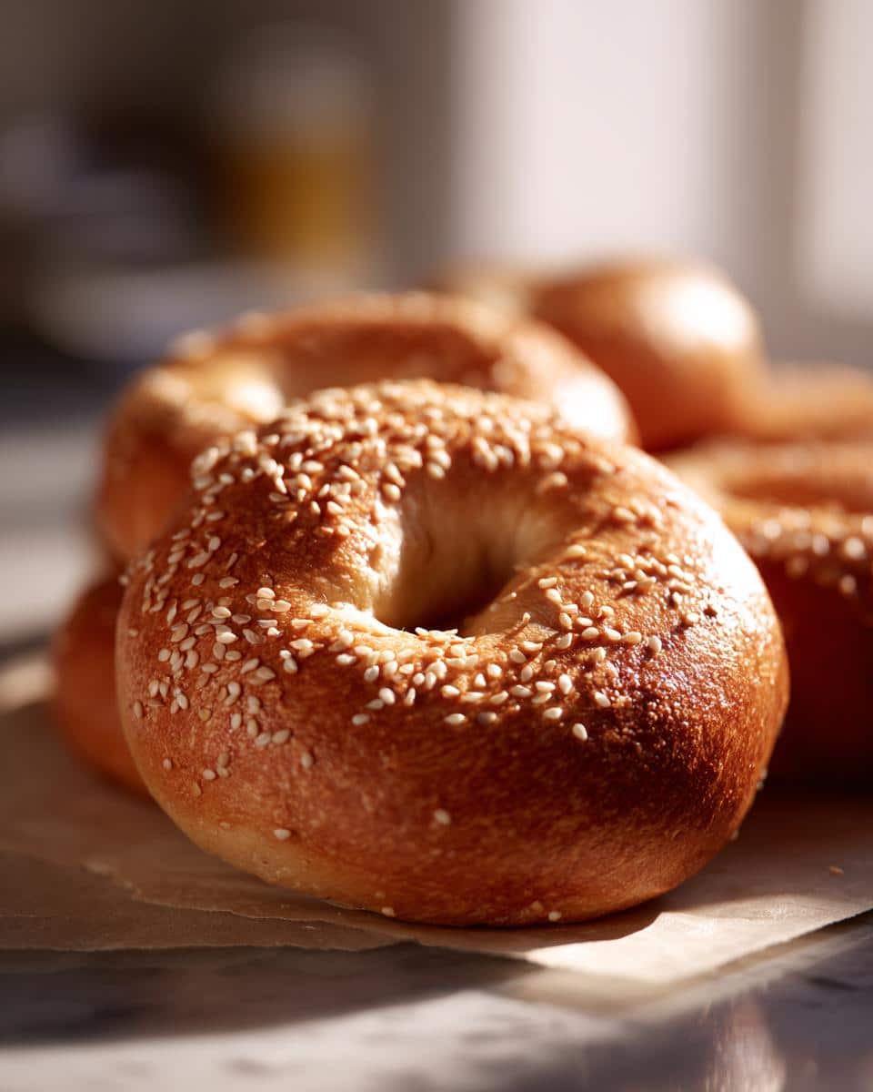 Close-up of freshly baked homemade bagels recipe topped with sesame seeds.