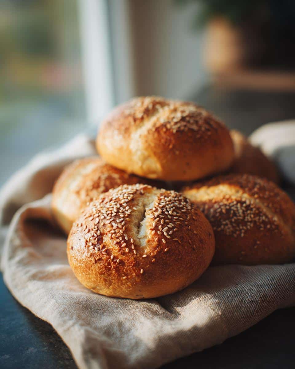 A close-up of freshly baked homemade bagels recipe, topped with golden sesame seeds, resting on a linen cloth.