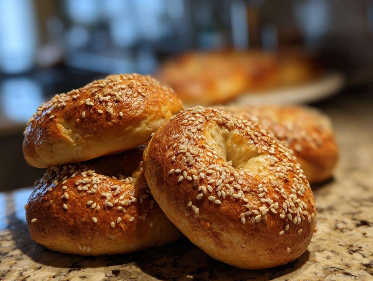 Close-up of golden brown homemade bagels recipe topped with sesame seeds, stacked on a counter.