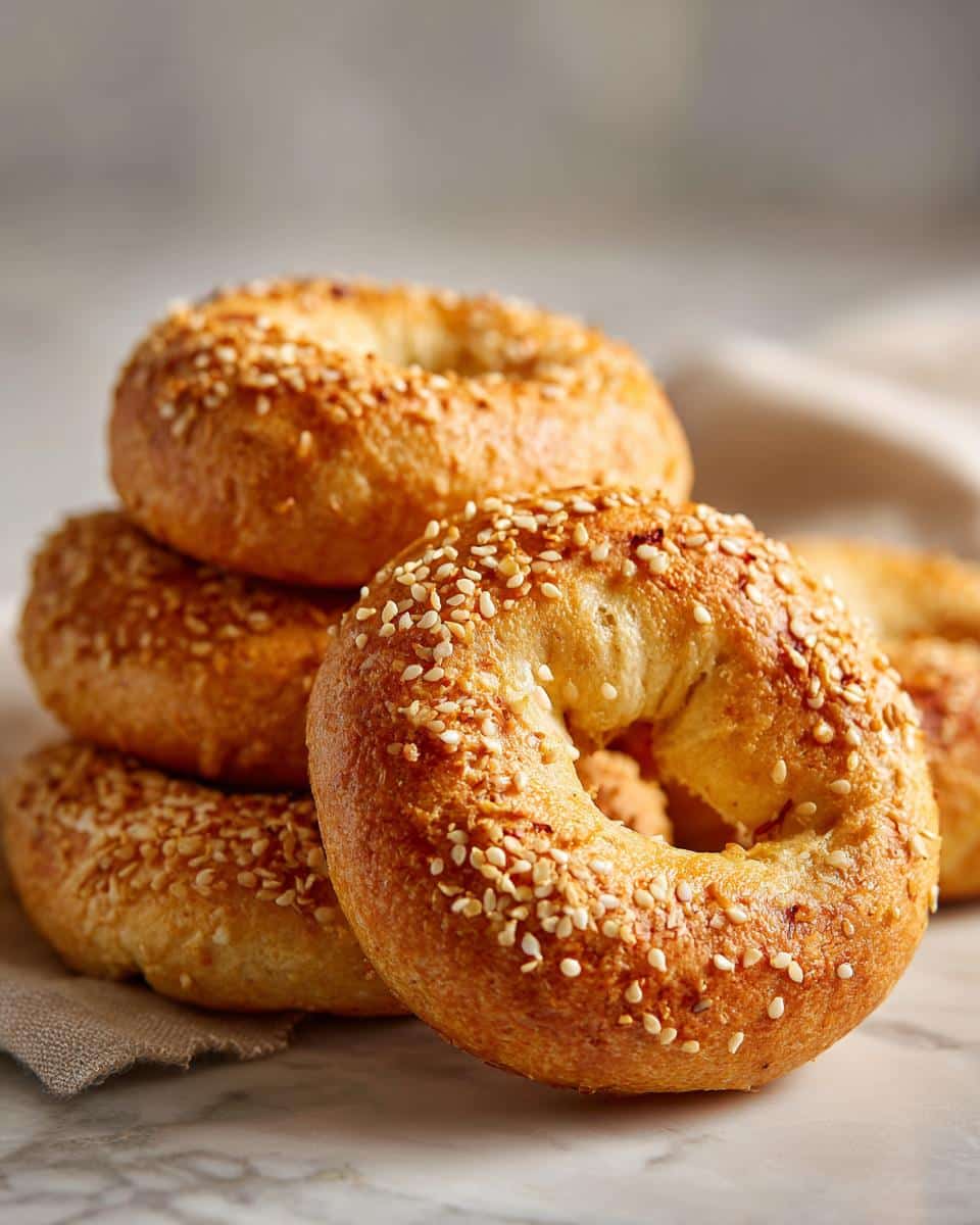 A stack of golden brown homemade bagels generously topped with sesame seeds.