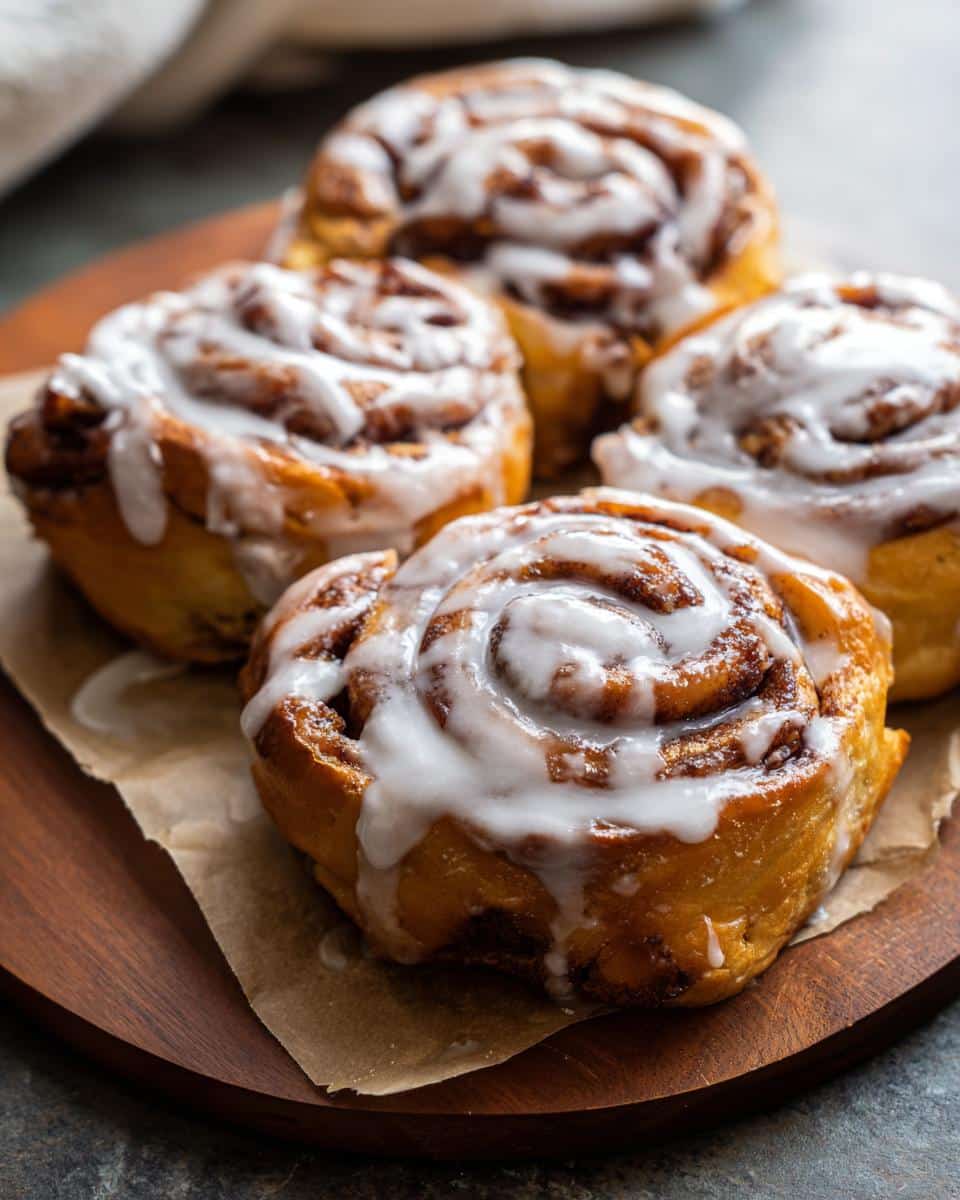 Close-up of four fluffy homemade cinnamon rolls topped with a generous white glaze on a wooden board.