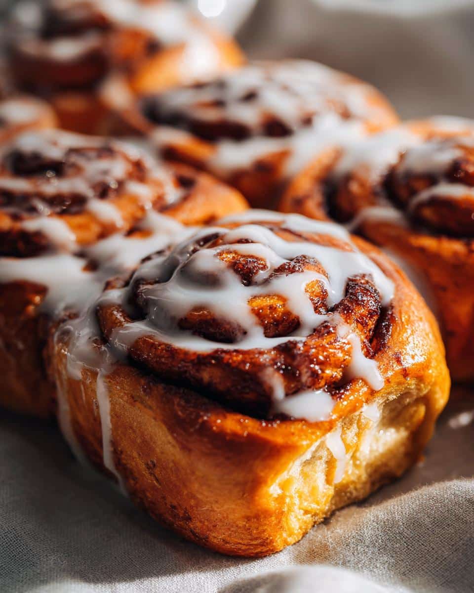 Close-up of freshly baked homemade cinnamon rolls, generously drizzled with white icing.