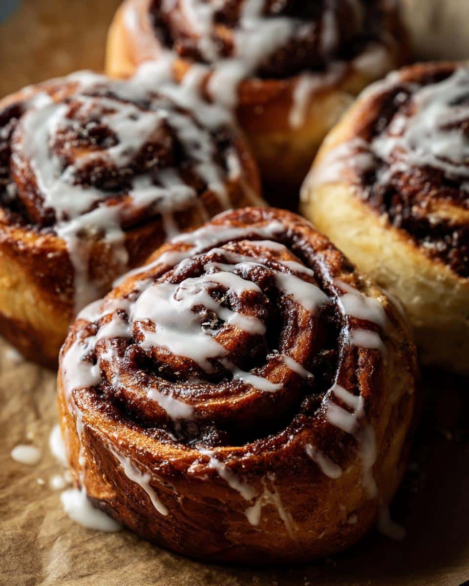 Close-up of four fluffy homemade cinnamon rolls, drizzled with white icing.