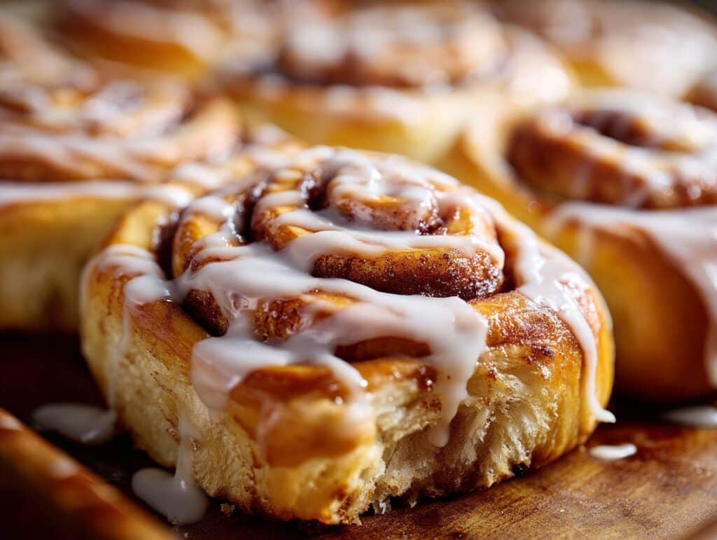 Close-up of a fluffy homemade cinnamon roll topped with creamy white icing.