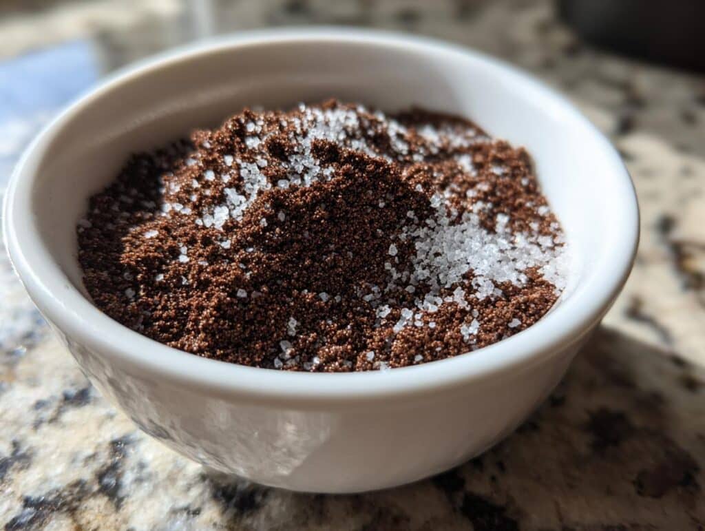 Close-up of a white bowl filled with homemade hot chocolate mix recipe ingredients, showing cocoa powder and sugar.