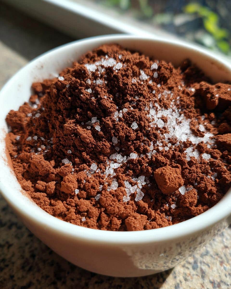 Close-up of a bowl filled with rich cocoa powder and coarse sugar crystals for a homemade hot chocolate mix recipe.