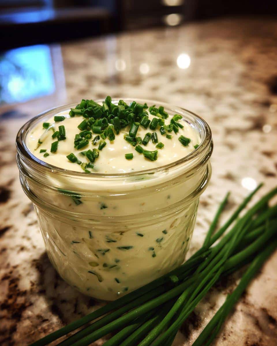 A jar of creamy homemade ranch dressing topped with fresh chives, with a bundle of chives to the side.
