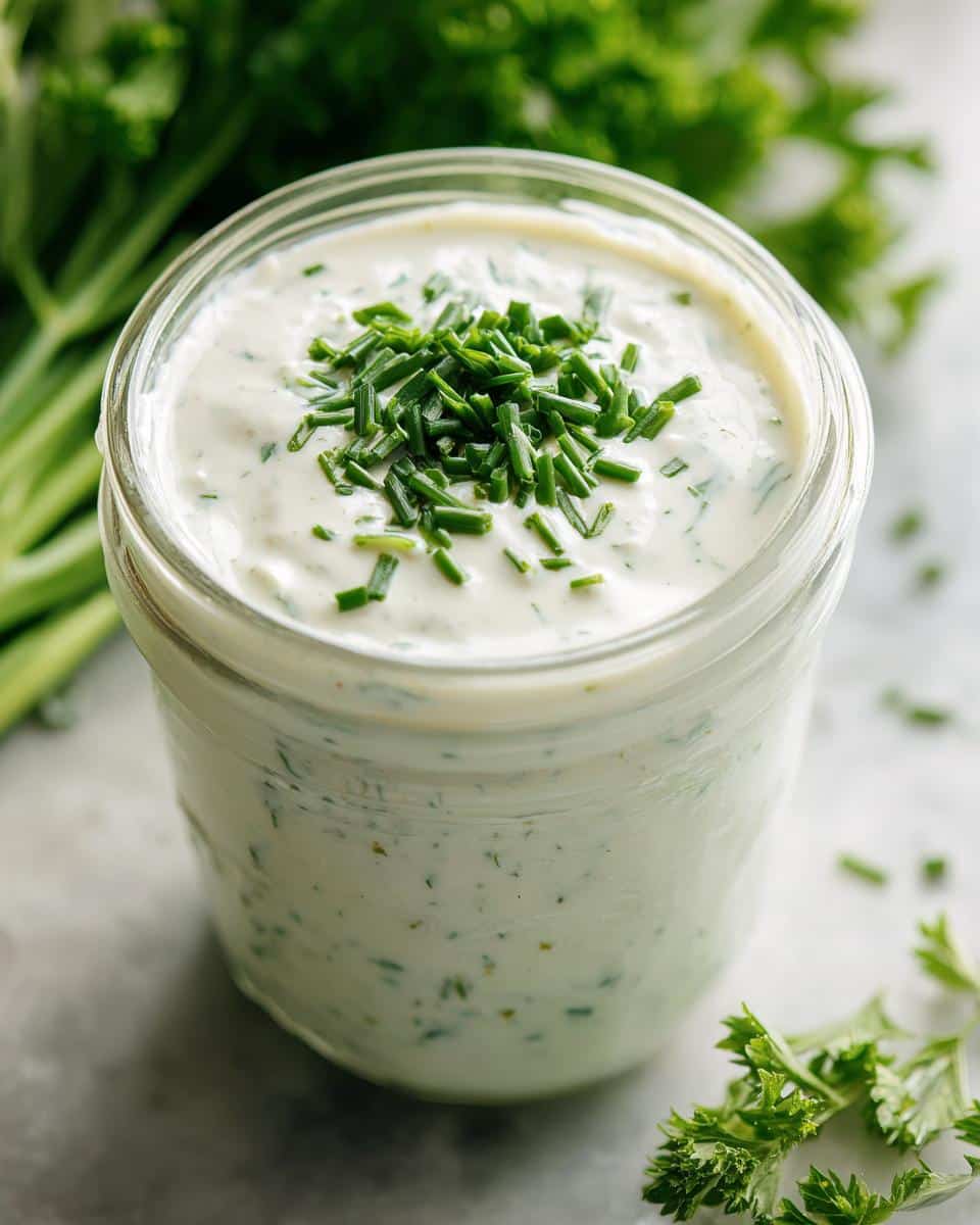 A close-up of a jar filled with creamy homemade ranch dressing, topped with fresh chives and surrounded by parsley.