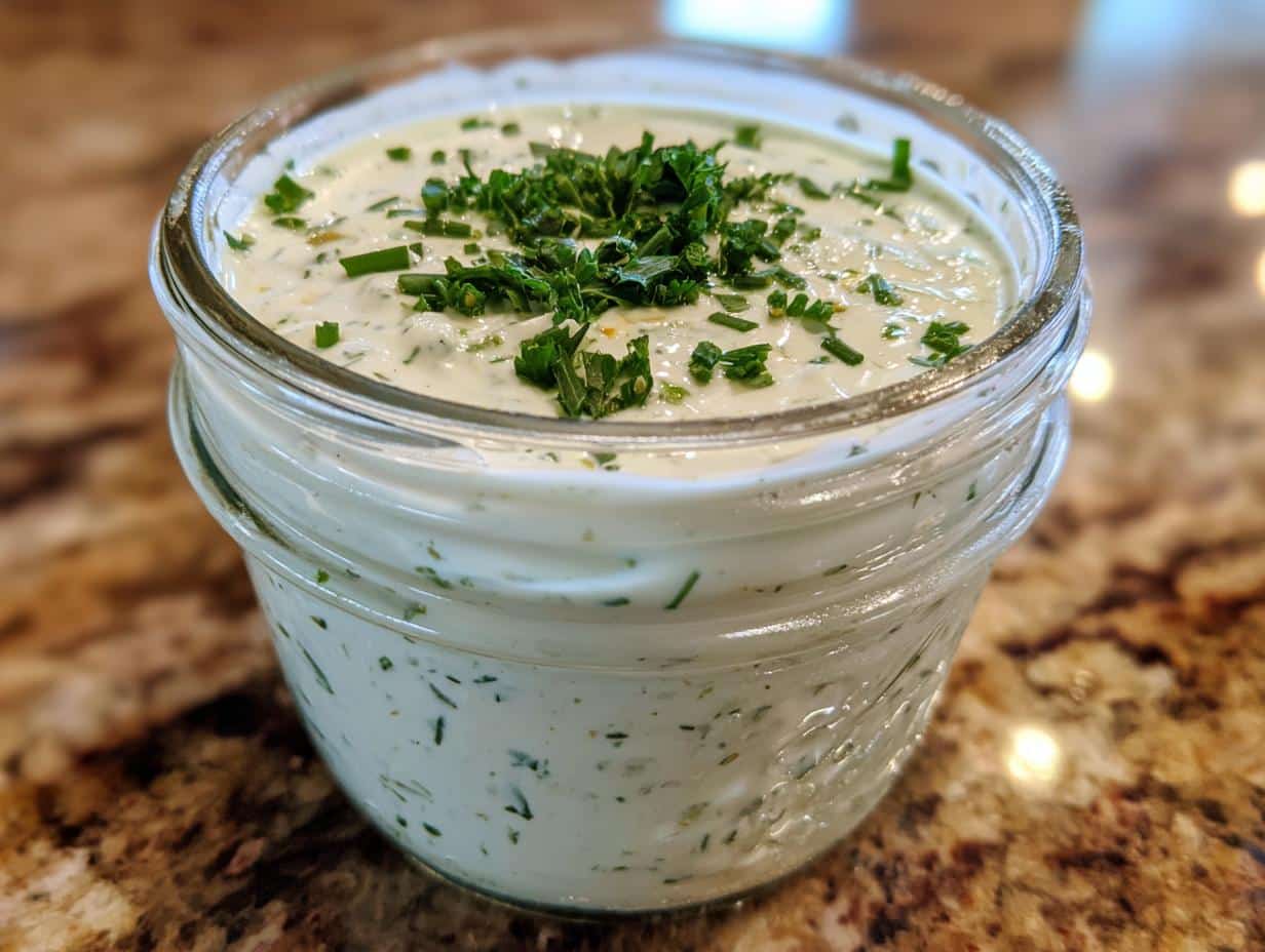A close-up of a glass jar filled with creamy homemade ranch dressing, garnished with fresh chives and parsley.