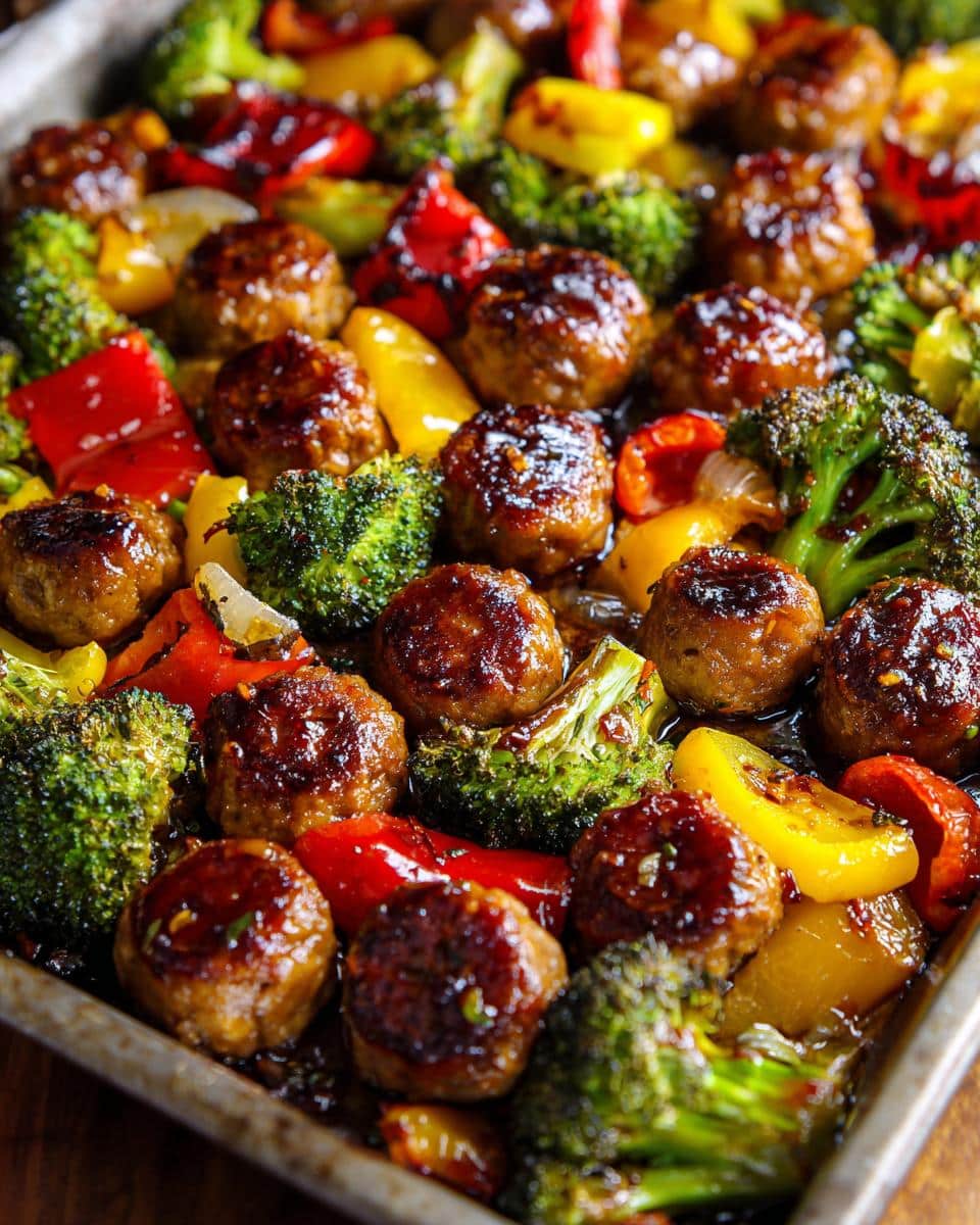 Close-up of glistening Honey Garlic Sheet Pan Sausage with roasted broccoli florets and colorful bell peppers.