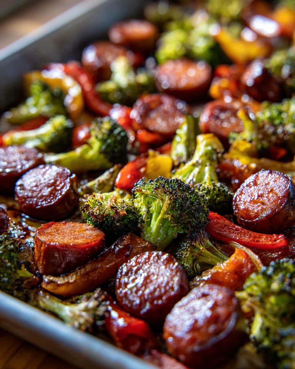 Close-up of Honey Garlic Sheet Pan Sausage with roasted broccoli florets and red bell peppers on a baking sheet.