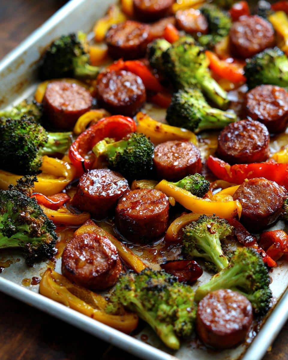 Close-up of Honey Garlic Sheet Pan Sausage with roasted broccoli florets and colorful bell pepper strips.