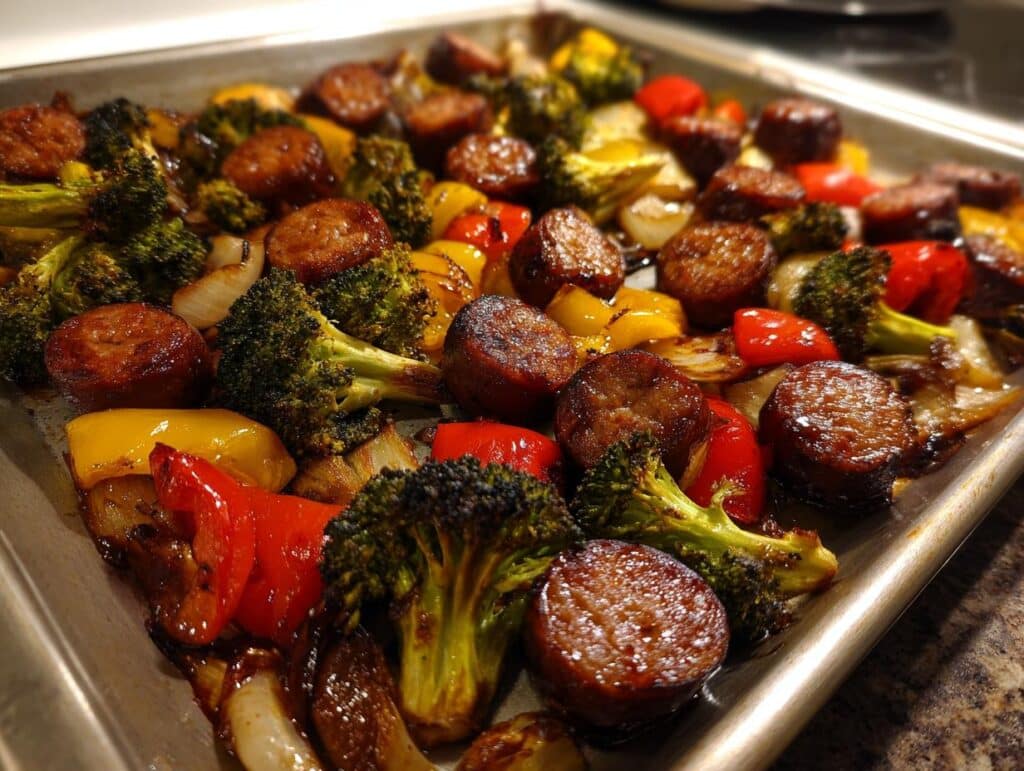 Close-up of Honey Garlic Sheet Pan Sausage with roasted broccoli, bell peppers, and onions.