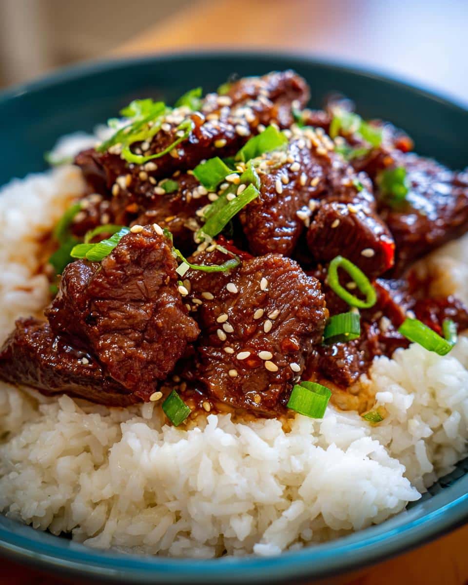 Close-up of a flavorful Hot honey beef bowl with rice, sesame seeds, and green onions.