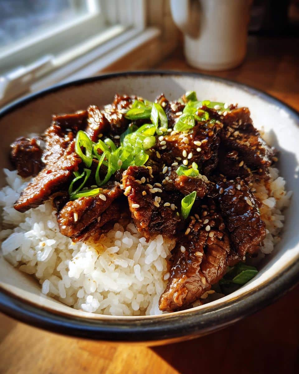 A flavorful hot honey beef bowl with rice, garnished with sesame seeds and green onions.