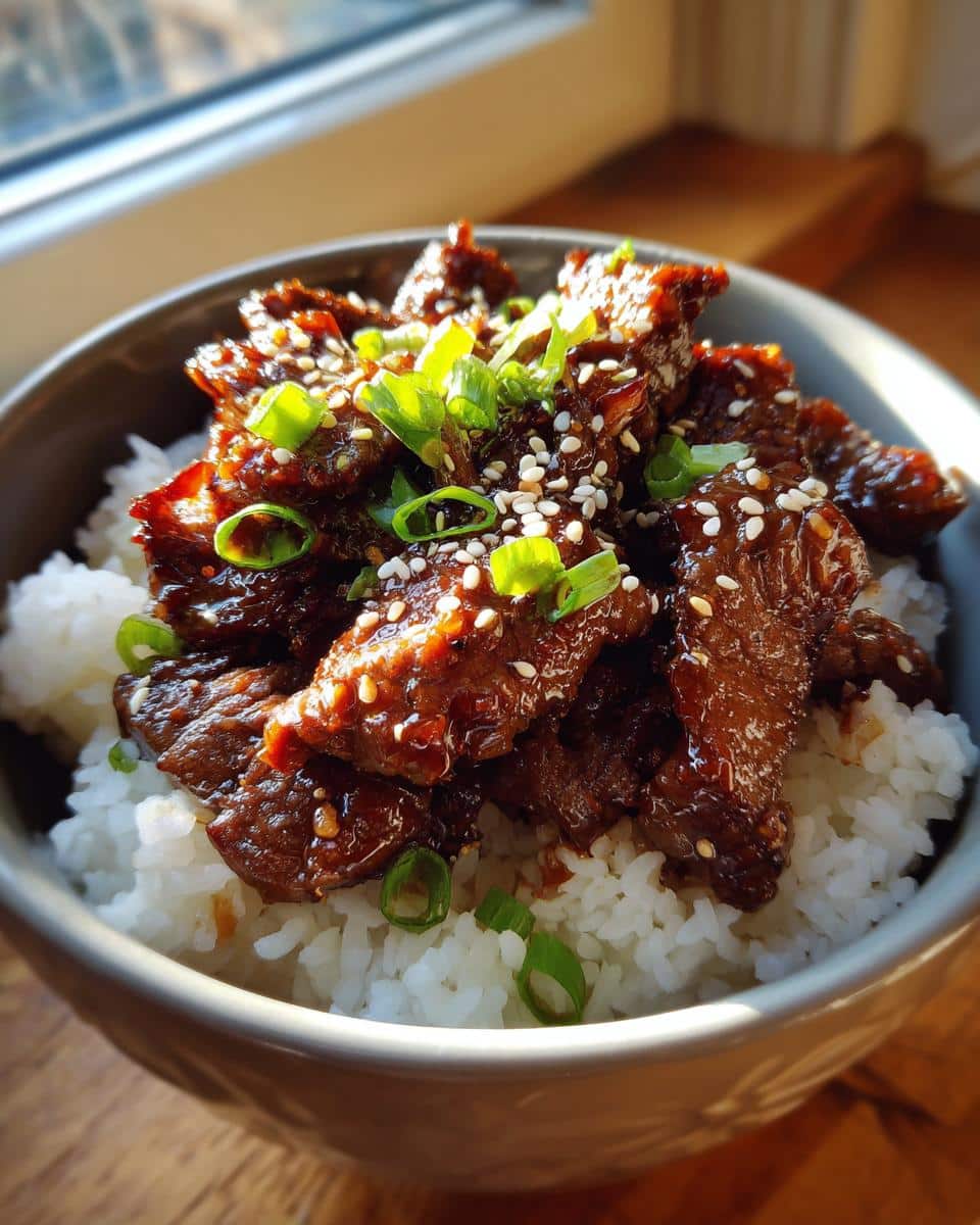A delicious Hot honey beef bowl with rice, garnished with sesame seeds and green onions.