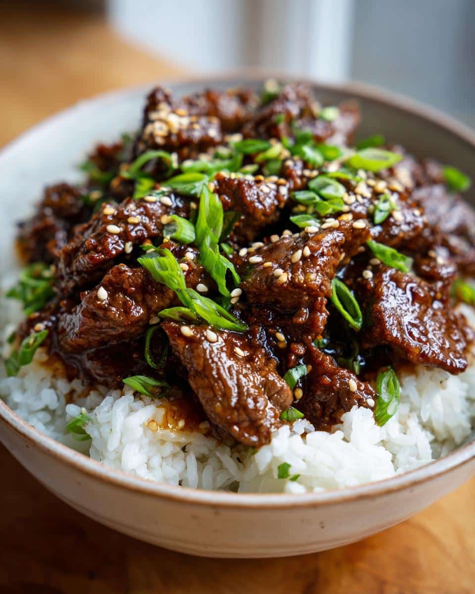 Close-up of a hot honey beef bowl with rice, glazed beef, sesame seeds, and green onions.