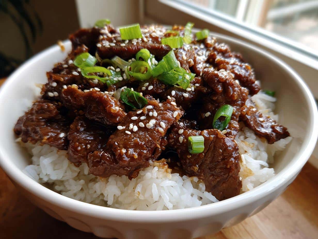 A flavorful hot honey beef bowl with rice, sesame seeds, and green onions.