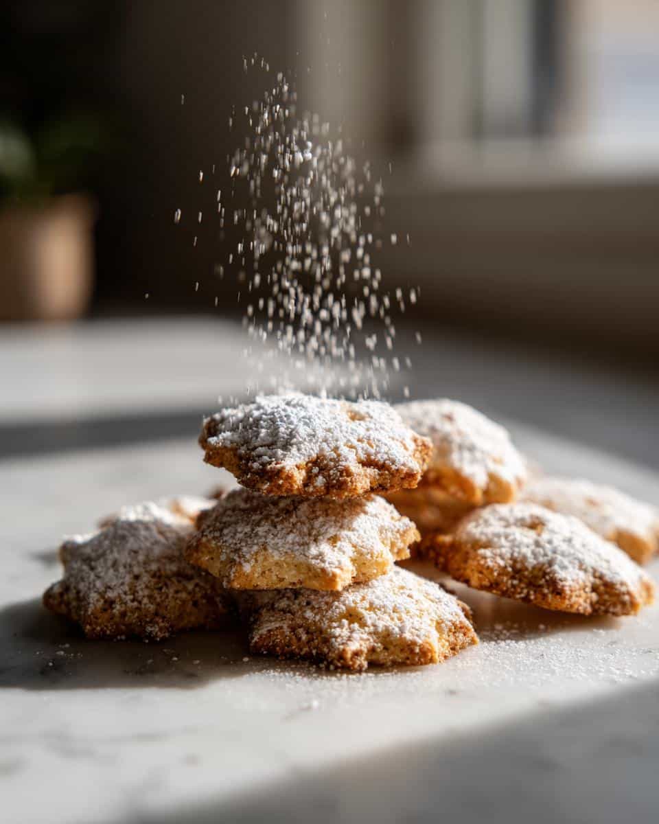 A pile of star-shaped Italian Christmas cookies being dusted with powdered sugar.