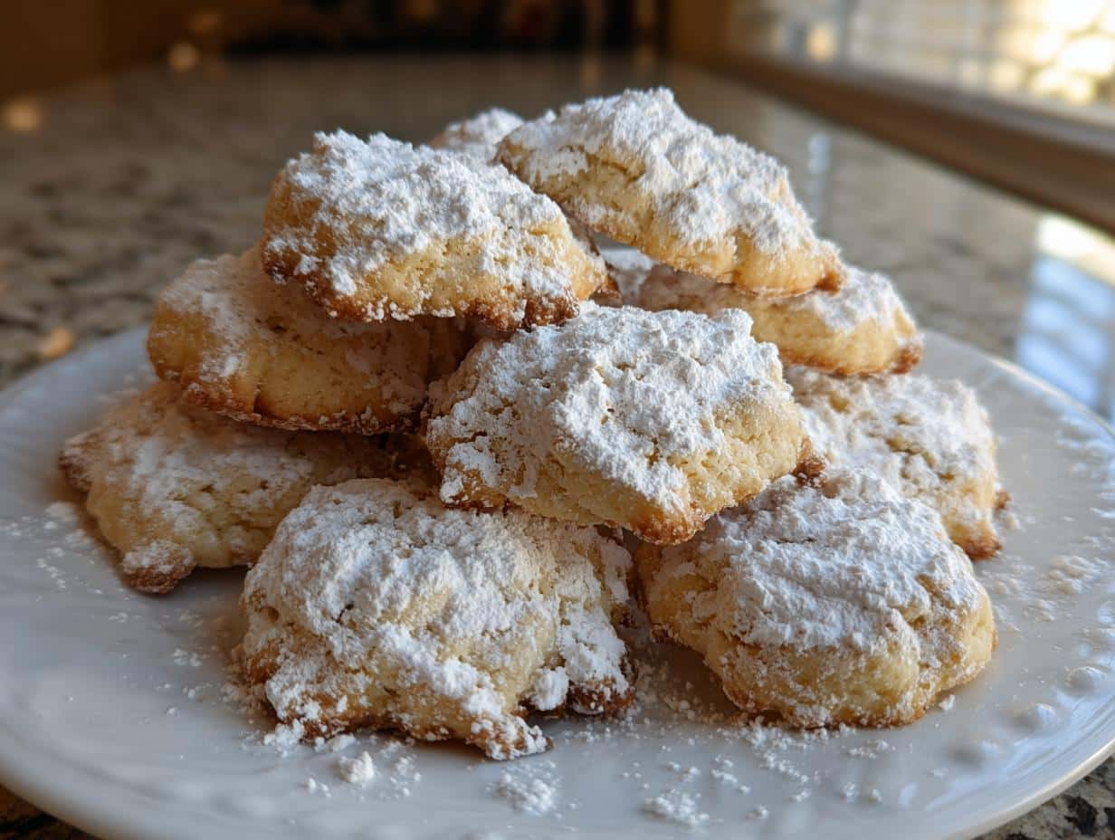 A close-up of a stack of golden Italian Christmas cookies generously dusted with powdered sugar on a white plate.