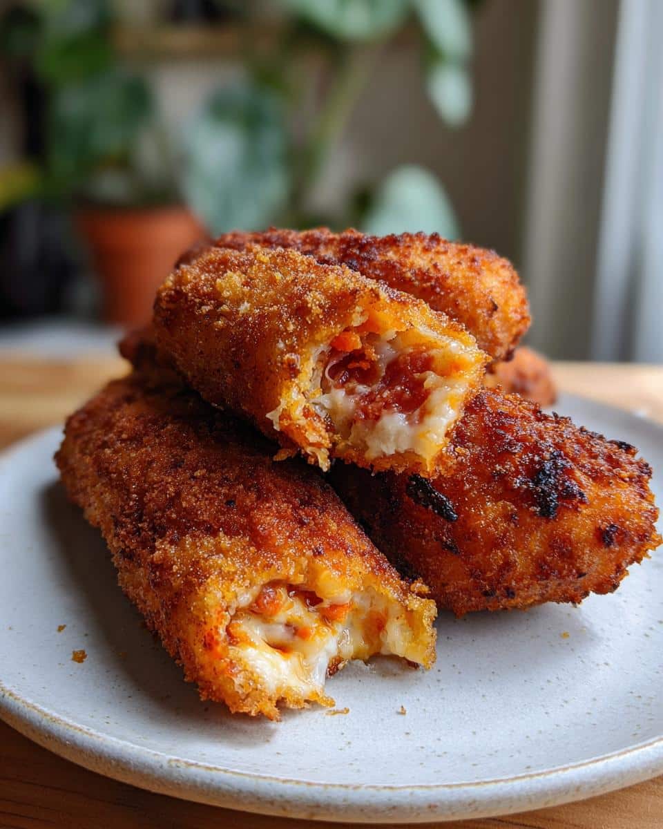 Close-up of Korean corn dogs filled with cheese and a savory filling, showing the crispy exterior.