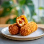 Three Korean corn dogs on a plate, one cut open to show the sausage and cheese inside.