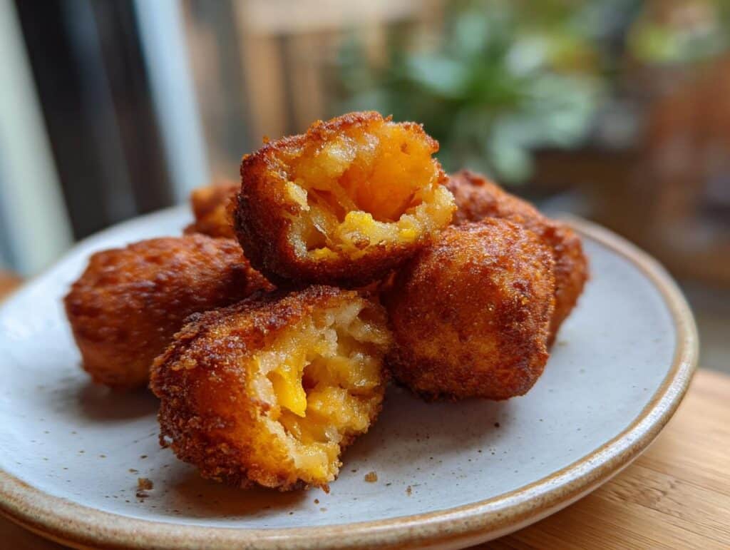 Close-up of Korean corn dogs on a plate, some cut open to show the filling.
