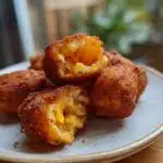 Close-up of Korean corn dogs on a plate, some cut open to show the filling.