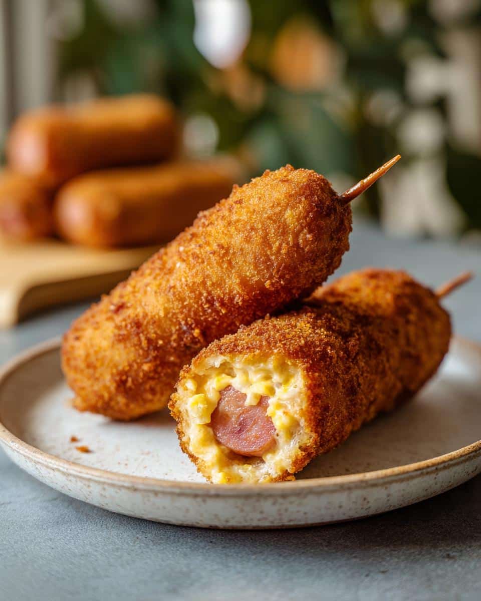 Two Korean corn dogs on a plate, one cut open to show the sausage and cheesy filling.