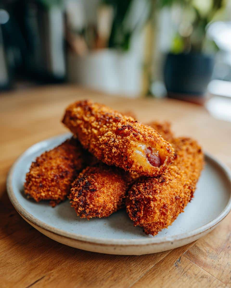 A plate of golden brown Korean corn dogs, showcasing their crispy exterior and savory filling.
