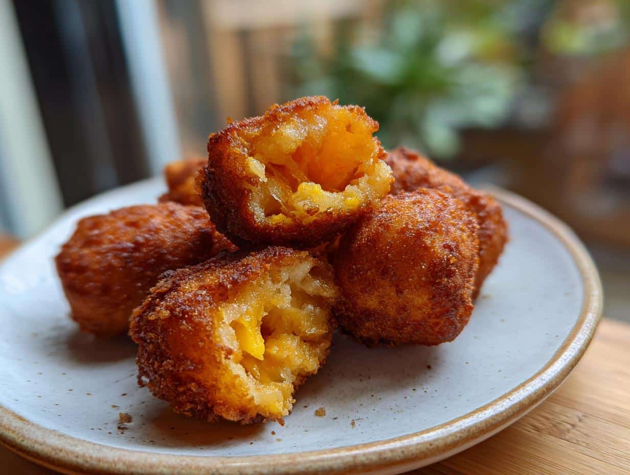 Close-up of Korean corn dogs on a plate, some cut open to show the filling.